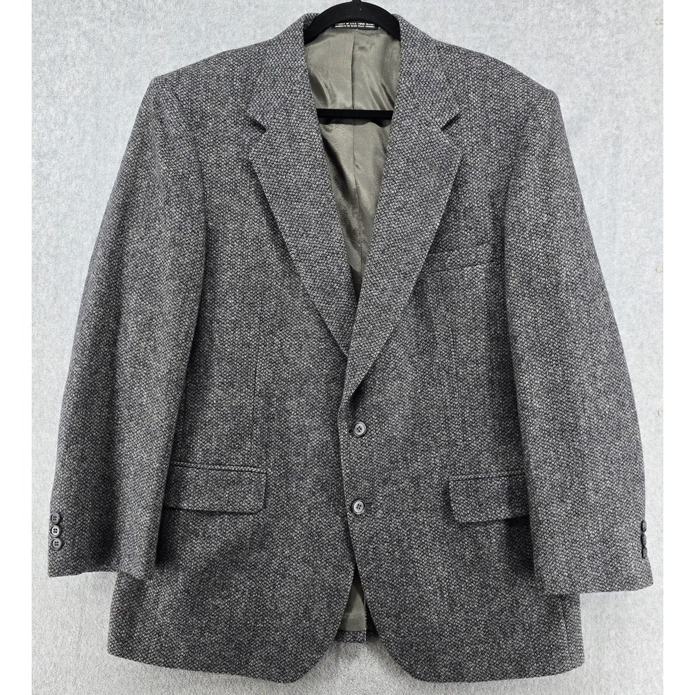 Vtg Towncraft 100% Shetland‎ Wool Blazer 43R Sport Coat Gray Black 70s Office